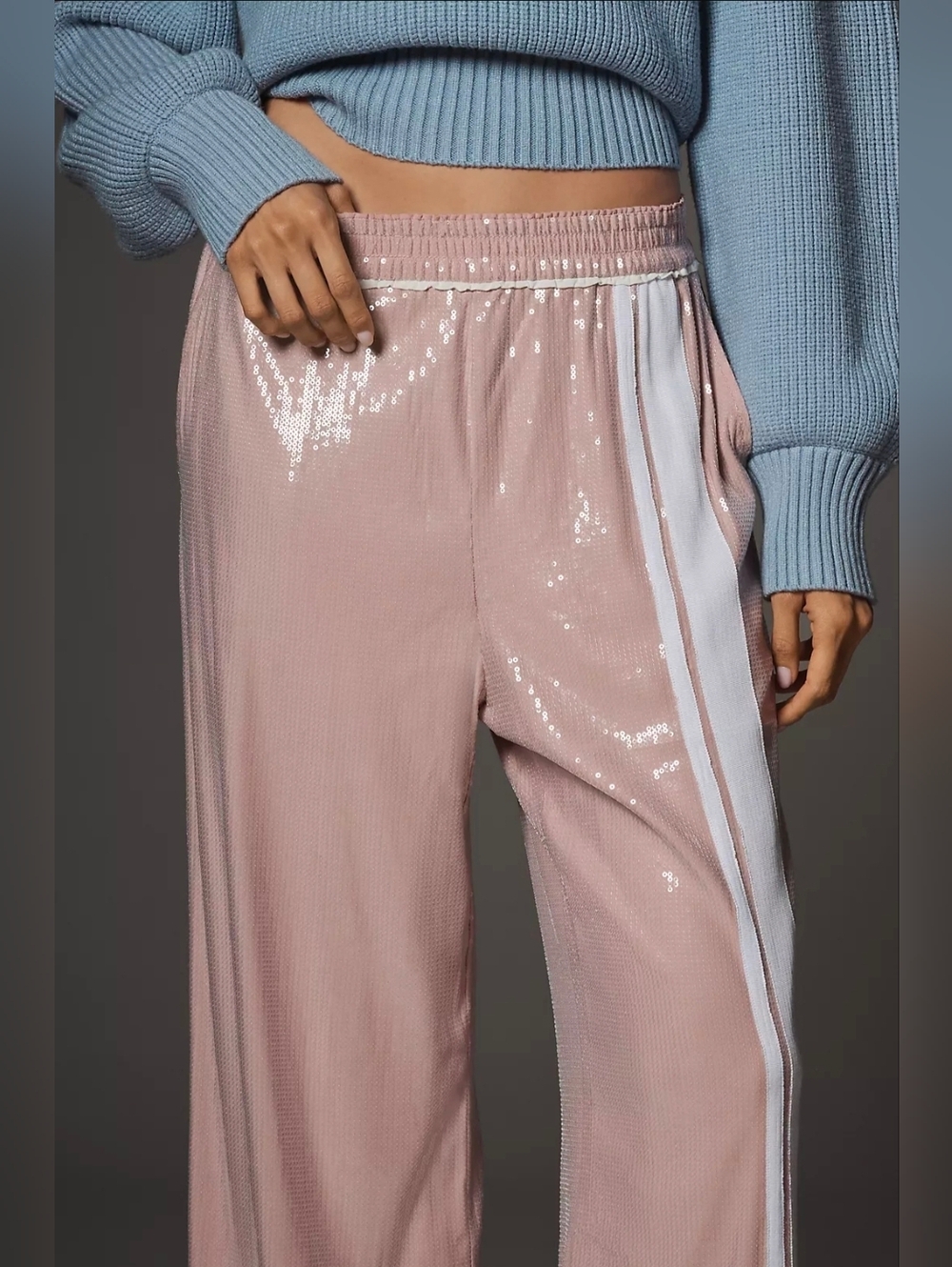 Anthropologie Maeve Sequin Pull On Track Pants Pink And White - Picture 4 of 5